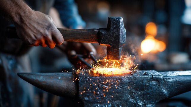 Blacksmith forging metal with hammer in fiery workshop.