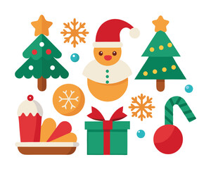 Colorful vector illustration of christmas decorations and festive holiday elements on white background.