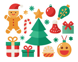 Naklejka premium Festive christmas elements including gingerbread man christmas tree and holiday decorations.