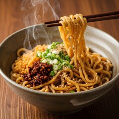 Spicy Sesame Noodles with Chili Crisp and Scallions in a Rustic Ceramic Bowl &ndash; AI Generated