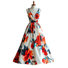 Elegant Maxi Dress:  Floral Print, V-Neck, Summer Fashion, A-Line, White, Orange, Red,  Women's Apparel