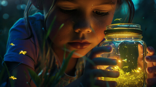 A child's face illuminated by the glow of fireflies in a jar	A close-up portrait of a child's face, filled with wonder, as it is illuminated only by the magical, gentle glow of fireflies in a glass ja