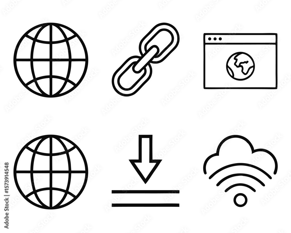 Poster simple vector icon set depicting global internet connectivity and cloud-based data transfer concepts