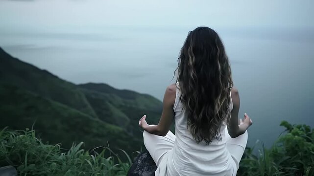 Woman Meditating in White Clothing on Cliff Overlooking Misty Ocean Serene Scene