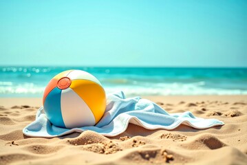 Obraz premium Beach Ball on Towel by Ocean Under Clear Blue Sky