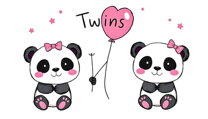 Naklejka premium Cute twin baby girl pandas holding pink heart balloon with stars, perfect for baby announcement or nursery decor 