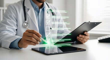 Doctor completes checklist on tablet, illustrating modern medicine and healthcare with digital technology and accurate patient records.