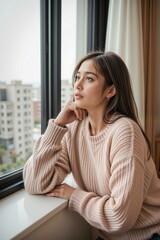 Thoughtful Young Woman Gazing Out Window in Cozy Room Setting