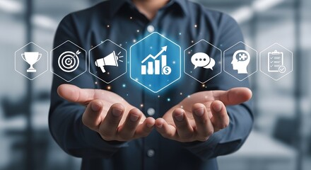 Businessman holds digital icons symbolizing business growth, success, and strategic marketing for professional achievement and development