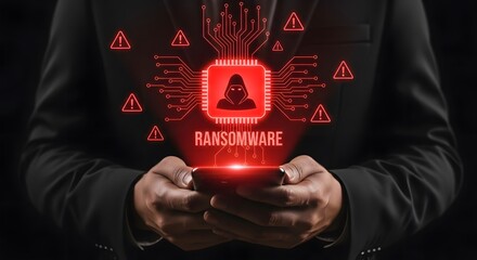 Businessman holding phone with ransomware alert, facing online threats and potential data breach, representing cybersecurity vulnerability.