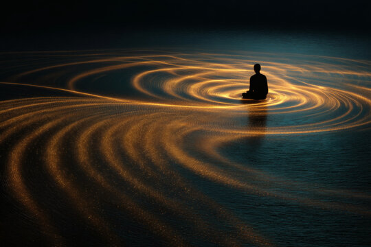 radiant sound waves helping person navigate unseen space, golden sonar effect in 8k