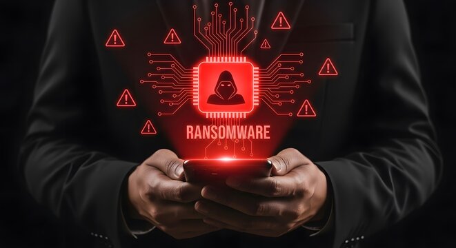Businessman holding phone with ransomware alert, facing online threats and potential data breach, representing cybersecurity vulnerability.