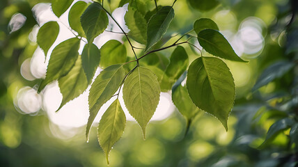 Obraz premium Natural background featuring soft-focus green foliage and sunlight filtering through the leaves. Gentle bokeh effect, bright and airy lighting.Perfect for wellness branding, eco-friendly packaging