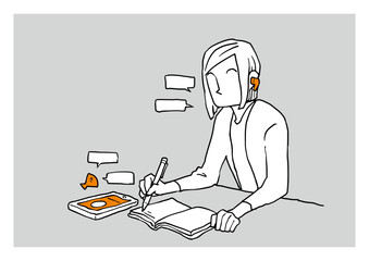 オンライン通話中の女性とタブレット