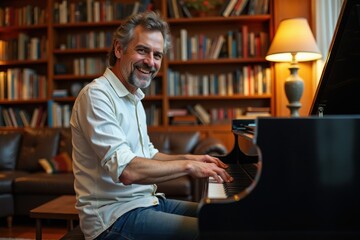 A white man is playing a grand piano with passion in a cozy living room. The room has warm lighting and bookshelves filled with books