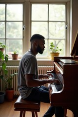 A black man is sitting at an upright piano in a bright studio with large windows. Sunlight fills the room, and there are plants on the windowsill