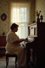 A plus-size white woman is playing a vintage piano in a sunlit room with floral wallpaper and antique furniture. The mood is soft and nostalgic