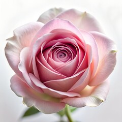 Elegant close-up of a blooming pink rose against a clean white background, capturing the delicate texture and soft pastel hues of the petals
