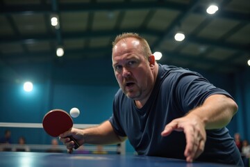 A plus-size white man is playing table tennis indoors with focus and energy. The background shows a sports hall with bright lights and a few spectators