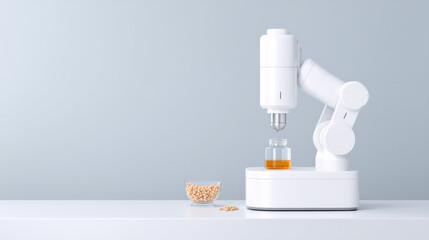 sleek white robotic arm is dispensing liquid into a small glass container next to a bowl of beige seeds on a minimalist white surface and pale blue background.