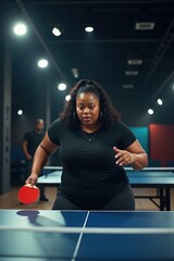A plus-size black woman is playing table tennis in a sleek indoor sports arena with polished floors and spotlights. The scene is intense and focused