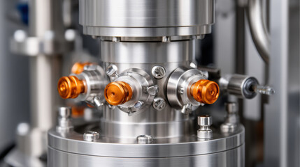 Close-up of a high-precision scientific instrument featuring metallic components with orange connectors, used for advanced research or industrial applications.