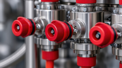 Close-up of industrial valves with red handles attached to stainless steel pipes in a mechanical or plumbing system.