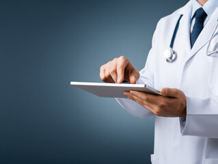 doctor in a white coat uses a tablet, symbolizing modern healthcare technology and digital patient management.