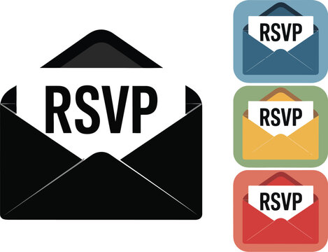 A black envelope with rsvp card and colorful rsvp envelope icons on a white background illustration
