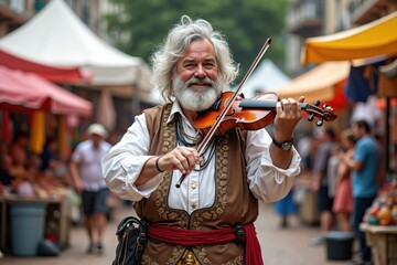 A plus-size white man dressed as a gypsy is playing a violin passionately in a lively outdoor market. Colorful tents and people surround him