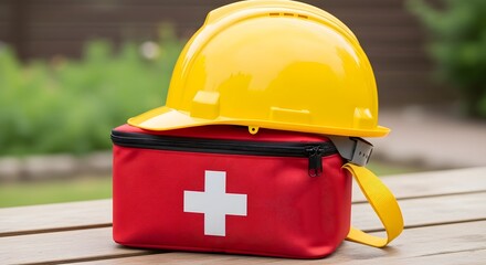 Safety first with a hard hat and first aid kit sitting outdoors for workplace safety and preparedness, emphasizing construction or industrial contexts.