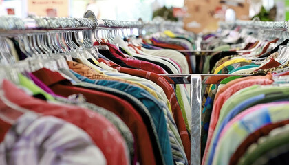 Clothes hanging on rack in a thrift store