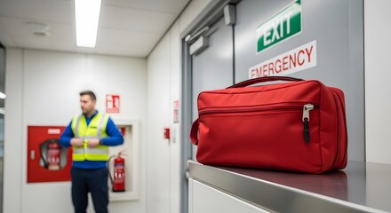 First aid kit stands ready in a facility, as a man dons safety gear and the emergency exit looms, ensuring preparedness in a controlled environment.