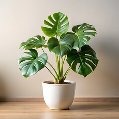 Elegant Monstera houseplant with lush green leaves in a minimalist white ceramic pot, placed against a neutral background