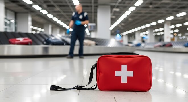 First aid kit sitting on the floor in baggage claim area of a modern airport for medical needs and emergency situations during travel.
