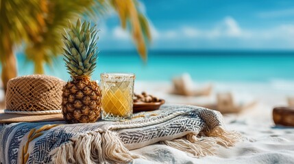 Tropical beach picnic with pineapple and juice by the ocean.