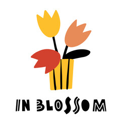 In blossom. Vase with tulips. Vector abstract flat illustration. Template for greeting card. Cute flowers