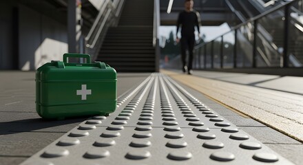 Fototapeta premium First aid kit at a train station platform offers emergency medical care to people on the railway and during travel accidents.