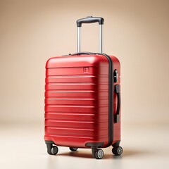 Studio close-up of a red hard-shell suitcase with spinner wheels and an extended handle, isolated on a neutral background