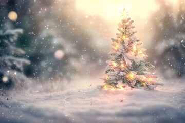 Naklejka premium Snowy Christmas Tree with Star Topper and Warm Lights in a Winter Wonderland Scene, Festive Holiday Season Ambiance, and Magical Snowfall