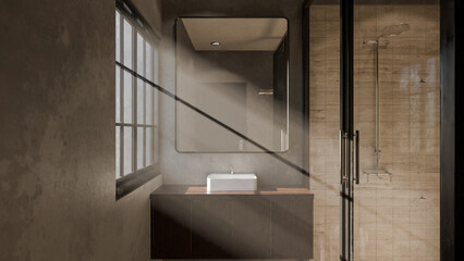 Minimalist bathroom interior 3D render featuring modern vanity, wall mirror, rainfall shower, and soft natural lighting through window. Concrete and wood textures enhance warmth and elegance.