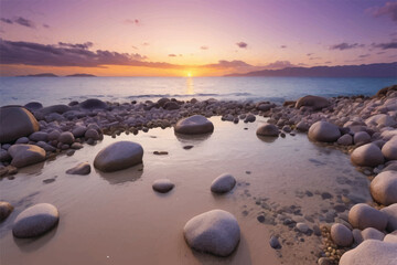 Rocks and pebbles, purple and orange golden hour sunset evening sky horizon sea wallpaper background