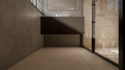 Minimalist bathroom interior 3D render featuring modern vanity, wall mirror, rainfall shower, and soft natural lighting through window. Concrete and wood textures enhance warmth and elegance.