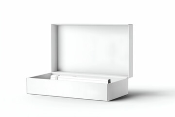 Opening Rectangular Box Revealing an Object Inside Against Plain Background. Mock up promotion information for marketing announcements and details, blank white space