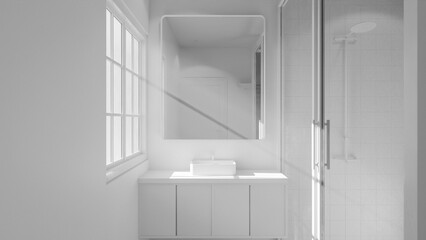 Minimalist bathroom interior 3D render featuring modern vanity, wall mirror, rainfall shower, and soft natural lighting through window. Concrete and wood textures enhance warmth and elegance.