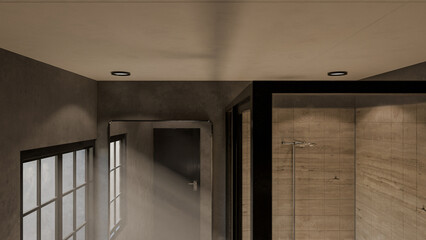 Minimalist bathroom interior 3D render featuring modern vanity, wall mirror, rainfall shower, and soft natural lighting through window. Concrete and wood textures enhance warmth and elegance.