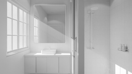 Minimalist bathroom interior 3D render featuring modern vanity, wall mirror, rainfall shower, and soft natural lighting through window. Concrete and wood textures enhance warmth and elegance.