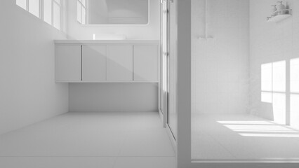 Minimalist bathroom interior 3D render featuring modern vanity, wall mirror, rainfall shower, and soft natural lighting through window. Concrete and wood textures enhance warmth and elegance.