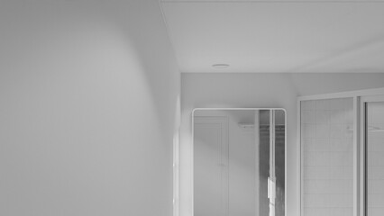 Minimalist bathroom interior 3D render featuring modern vanity, wall mirror, rainfall shower, and soft natural lighting through window. Concrete and wood textures enhance warmth and elegance.