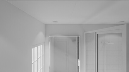Minimalist bathroom interior 3D render featuring modern vanity, wall mirror, rainfall shower, and soft natural lighting through window. Concrete and wood textures enhance warmth and elegance.